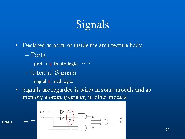 Signals • Declared as ports or inside the architecture body. – Ports. port (