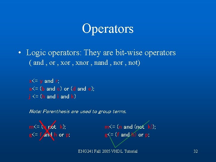 Operators • Logic operators: They are bit-wise operators ( and , or , xnor