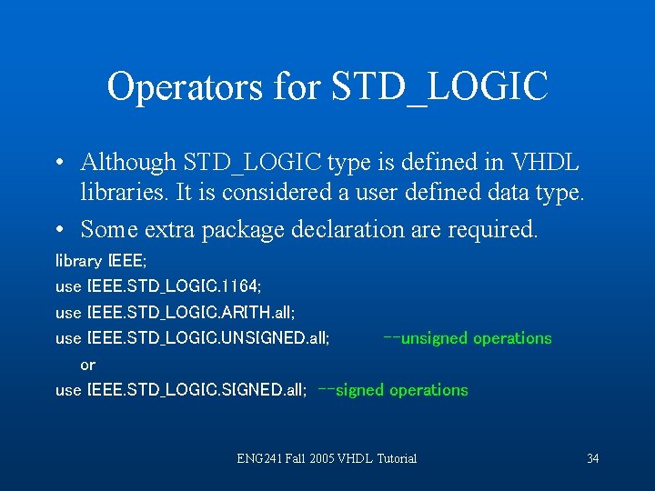 Operators for STD_LOGIC • Although STD_LOGIC type is defined in VHDL libraries. It is