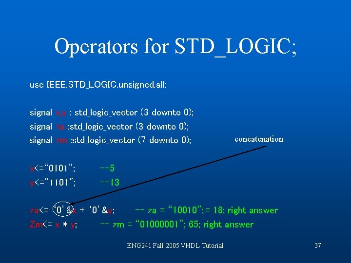 Operators for STD_LOGIC; use IEEE. STD_LOGIC. unsigned. all; signal x, y : std_logic_vector (3