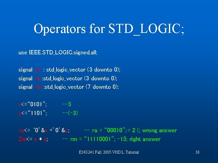 Operators for STD_LOGIC; use IEEE. STD_LOGIC. signed. all; signal x, y : std_logic_vector (3