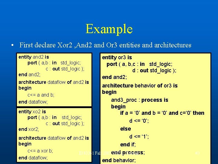 Example • First declare Xor 2 , And 2 and Or 3 entities and