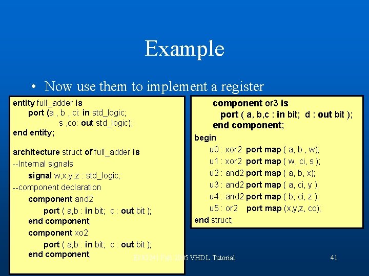 Example • Now use them to implement a register entity full_adder is port (a