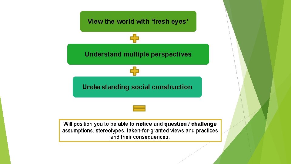 View the world with ‘fresh eyes’ Understand multiple perspectives Understanding social construction Will position