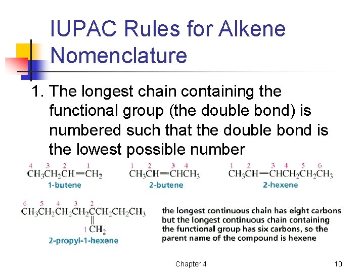 IUPAC Rules for Alkene Nomenclature 1. The longest chain containing the functional group (the