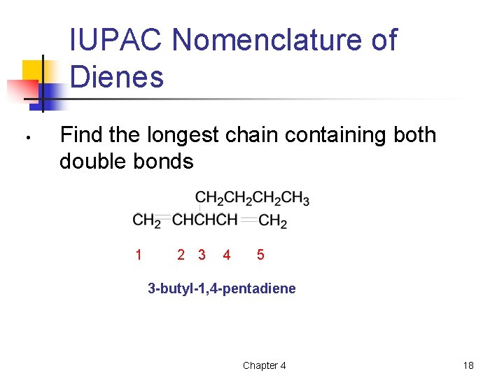 IUPAC Nomenclature of Dienes • Find the longest chain containing both double bonds 1
