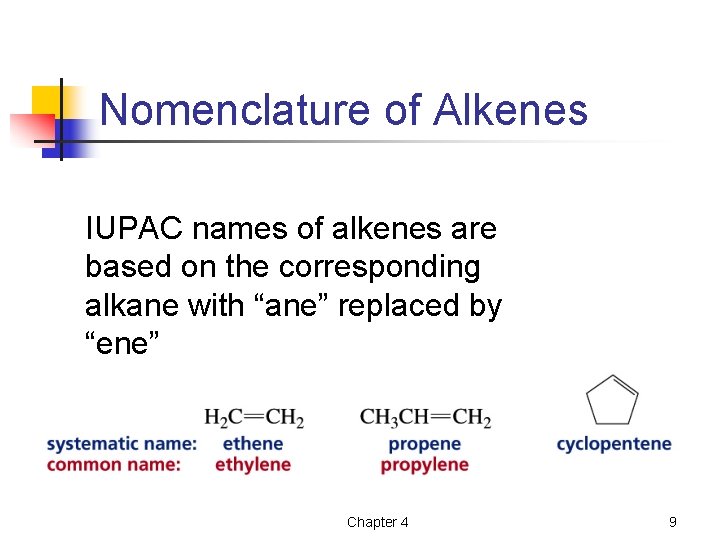 Nomenclature of Alkenes IUPAC names of alkenes are based on the corresponding alkane with