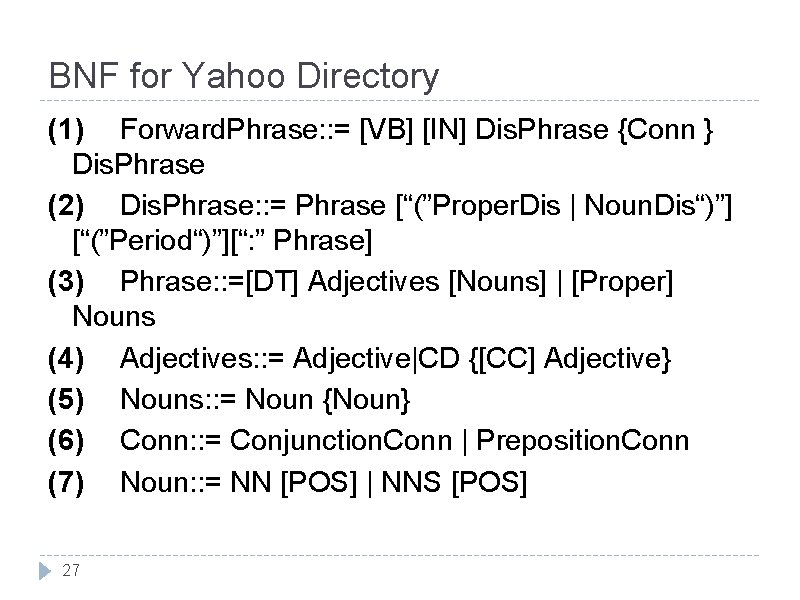 BNF for Yahoo Directory (1) Forward. Phrase: : = [VB] [IN] Dis. Phrase {Conn