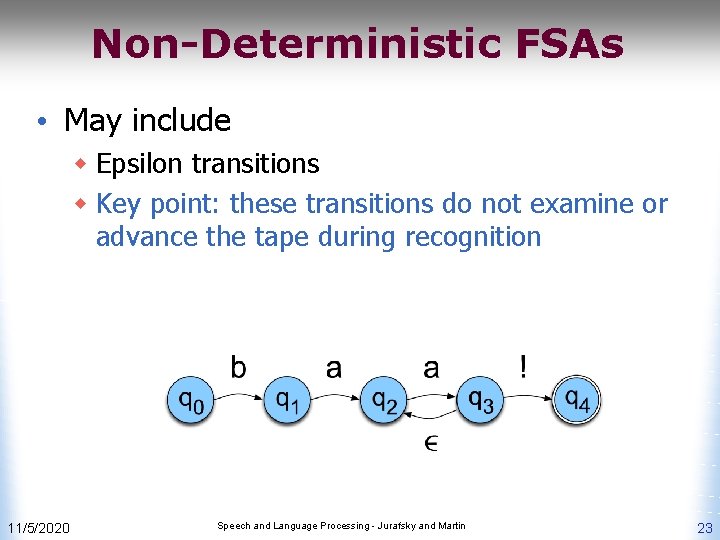 Non-Deterministic FSAs • May include w Epsilon transitions w Key point: these transitions do