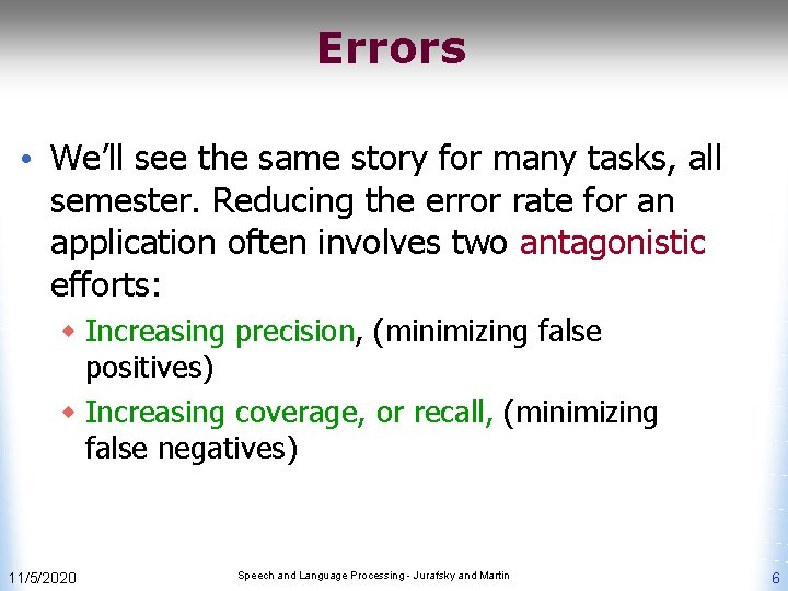 Errors • We’ll see the same story for many tasks, all semester. Reducing the