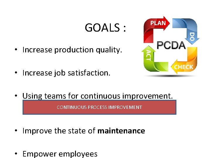 GOALS : • Increase production quality. • Increase job satisfaction. • Using teams for