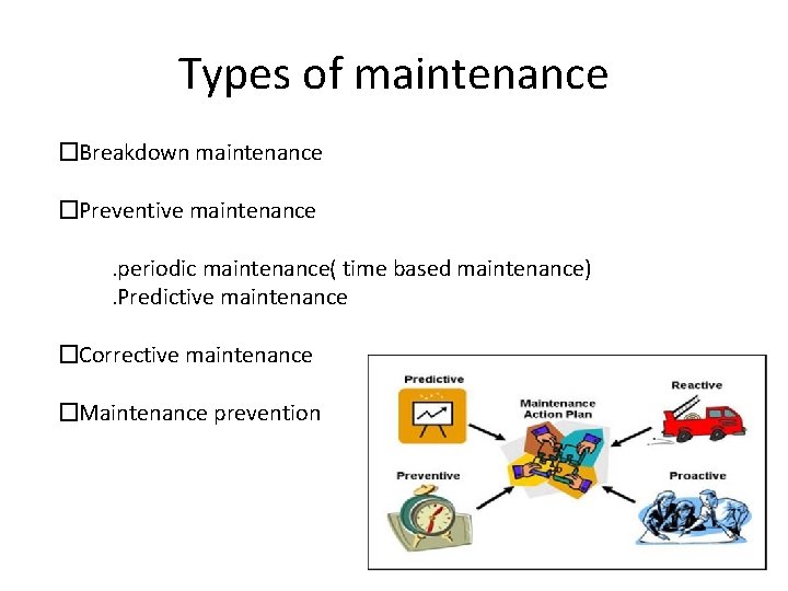 Types of maintenance �Breakdown maintenance �Preventive maintenance . periodic maintenance( time based maintenance) .