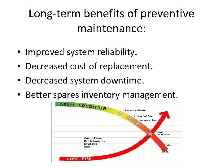 Long-term benefits of preventive maintenance: • • Improved system reliability. Decreased cost of replacement.