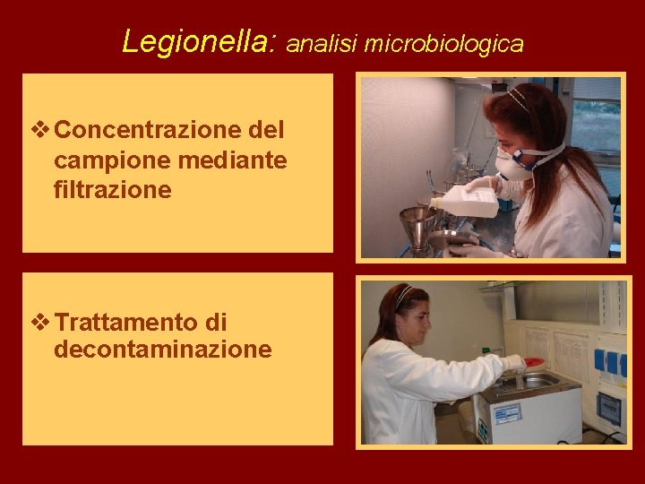 Legionella: analisi microbiologica v Concentrazione del campione mediante filtrazione v Trattamento di decontaminazione 