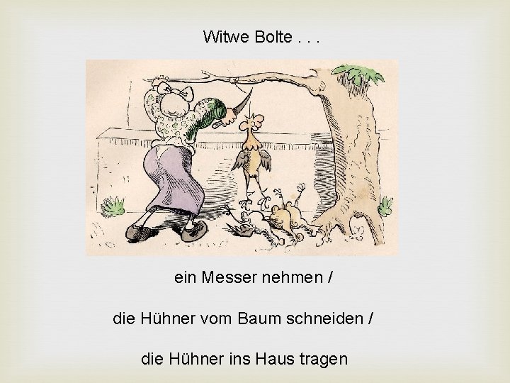 Witwe Bolte. . . ein Messer nehmen / die Hühner vom Baum schneiden / Witwe Bolte. . . ein Messer nehmen / die Hühner vom Baum schneiden /