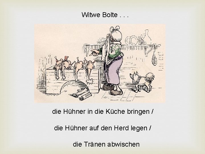 Witwe Bolte. . . die Hühner in die Küche bringen / die Hühner auf Witwe Bolte. . . die Hühner in die Küche bringen / die Hühner auf