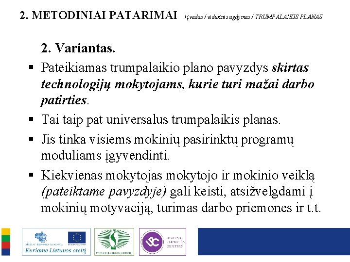 2. METODINIAI PATARIMAI § § / įvadas / vidurinis ugdymas / TRUMPALAIKIS PLANAS 2.