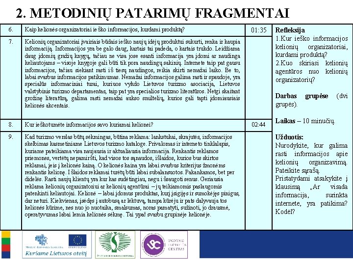 2. METODINIŲ PATARIMŲ FRAGMENTAI 6. Kaip kelionės organizatoriai ieško informacijos, kurdami produktą? 7. Kelionių