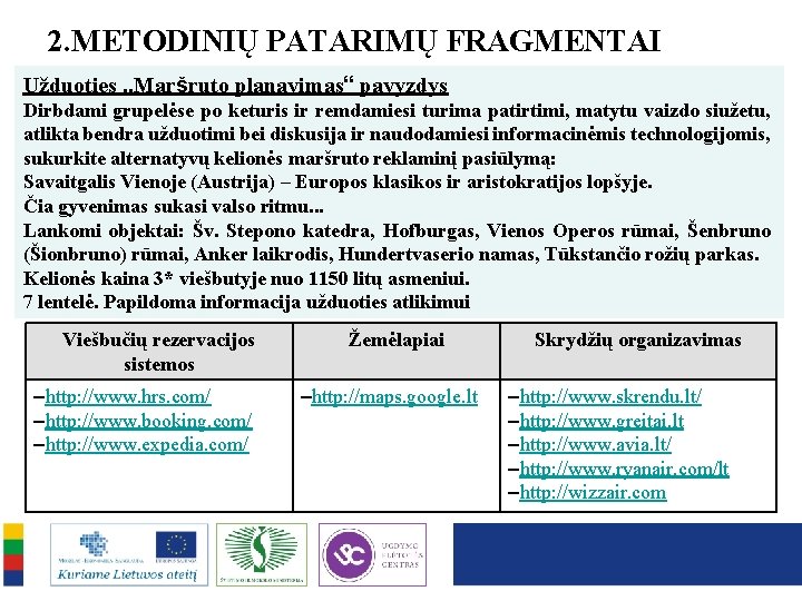 2. METODINIŲ PATARIMŲ FRAGMENTAI Užduoties „Maršruto planavimas“ pavyzdys Dirbdami grupelėse po keturis ir remdamiesi