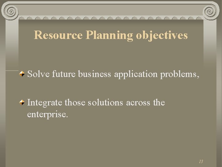 Resource Planning objectives Solve future business application problems, Integrate those solutions across the enterprise.