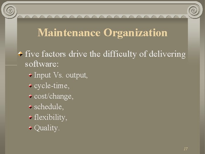 Maintenance Organization five factors drive the difficulty of delivering software: Input Vs. output, cycle-time,