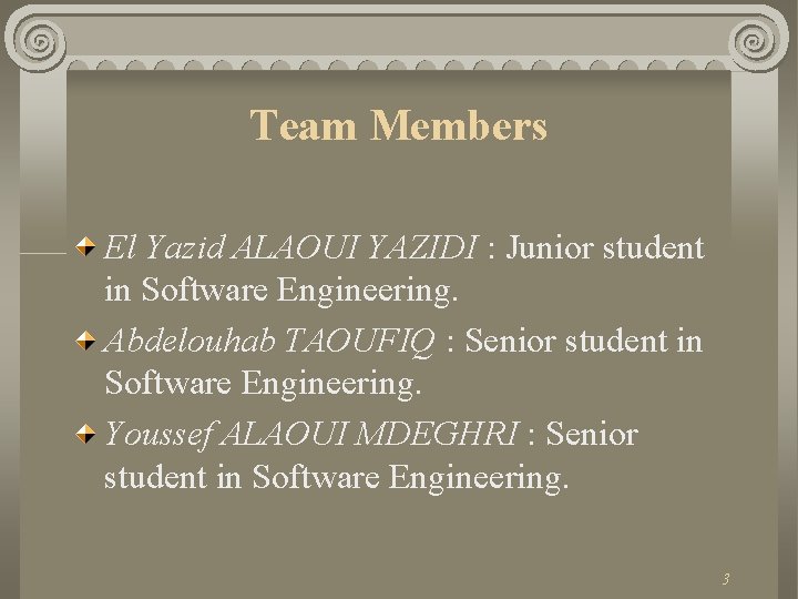 Team Members El Yazid ALAOUI YAZIDI : Junior student in Software Engineering. Abdelouhab TAOUFIQ