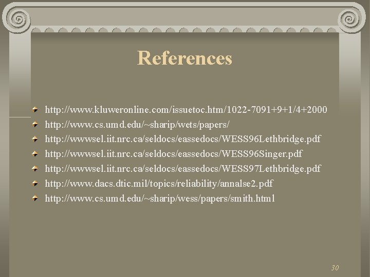 References http: //www. kluweronline. com/issuetoc. htm/1022 -7091+9+1/4+2000 http: //www. cs. umd. edu/~sharip/wets/papers/ http: //wwwsel.