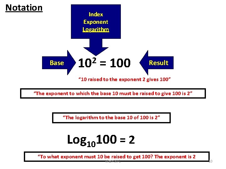 Notation Index Exponent Logarithm Base 102 = 100 Result “ 10 raised to the Notation Index Exponent Logarithm Base 102 = 100 Result “ 10 raised to the