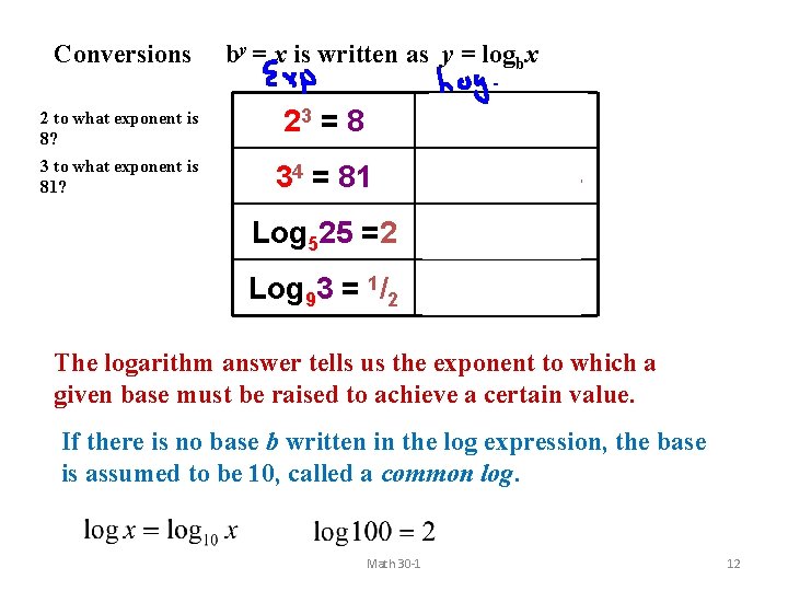 Conversions by = x is written as y = logbx 2 to what exponent Conversions by = x is written as y = logbx 2 to what exponent
