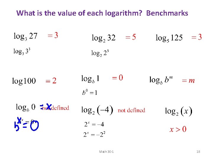 What is the value of each logarithm? Benchmarks Math 30 -1 18 What is the value of each logarithm? Benchmarks Math 30 -1 18