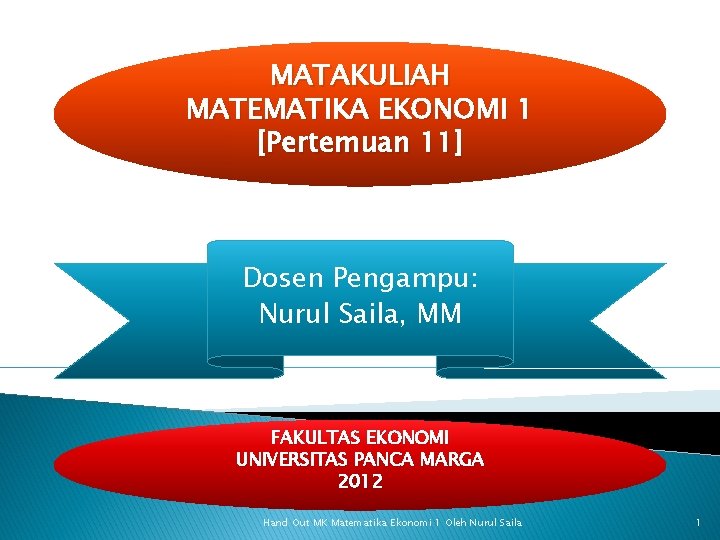 MATAKULIAH MATEMATIKA EKONOMI 1 [Pertemuan 11] Dosen Pengampu: Nurul Saila, MM FAKULTAS EKONOMI UNIVERSITAS