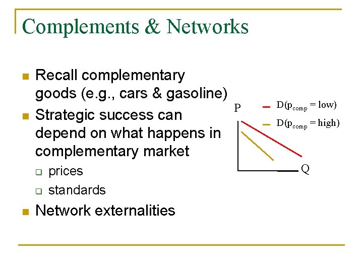 Complements & Networks n n Recall complementary goods (e. g. , cars & gasoline)