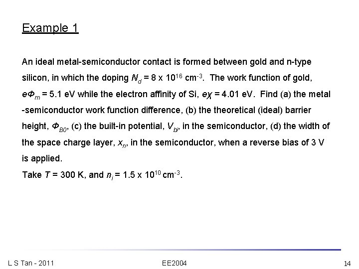 Example 1 An ideal metal-semiconductor contact is formed between gold and n-type silicon, in