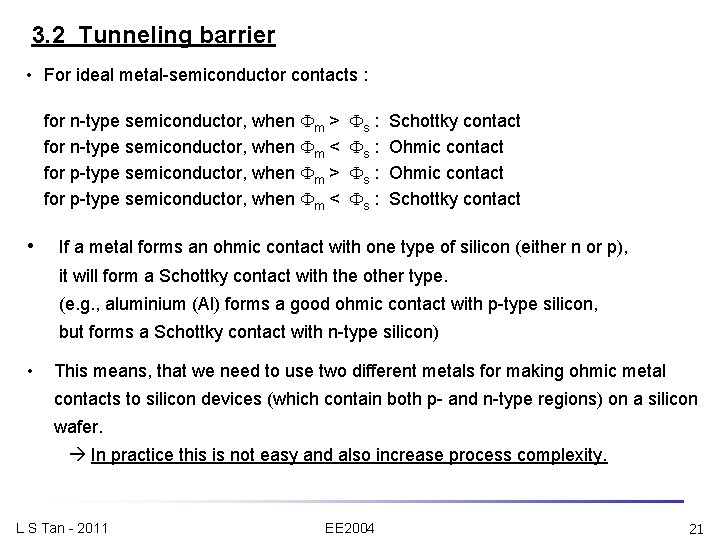 3. 2 Tunneling barrier • For ideal metal-semiconductor contacts : for n-type semiconductor, when