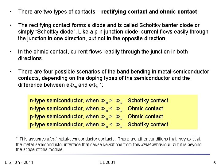  • There are two types of contacts – rectifying contact and ohmic contact.