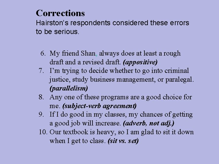 Corrections Hairston’s respondents considered these errors to be serious. 6. My friend Shan, always