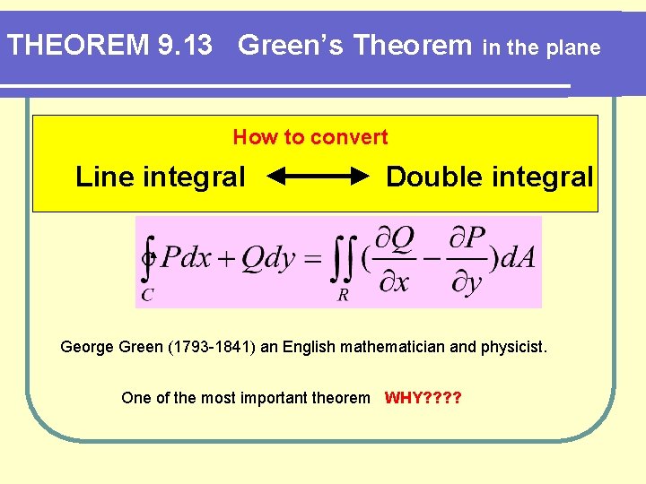 THEOREM 9. 13 Green’s Theorem in the plane How to convert Line integral Double