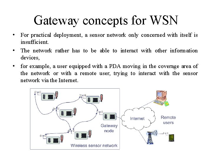Gateway concepts for WSN • For practical deployment, a sensor network only concerned with Gateway concepts for WSN • For practical deployment, a sensor network only concerned with