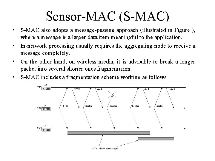 Sensor-MAC (S-MAC) • S-MAC also adopts a message-passing approach (illustrated in Figure ), where Sensor-MAC (S-MAC) • S-MAC also adopts a message-passing approach (illustrated in Figure ), where