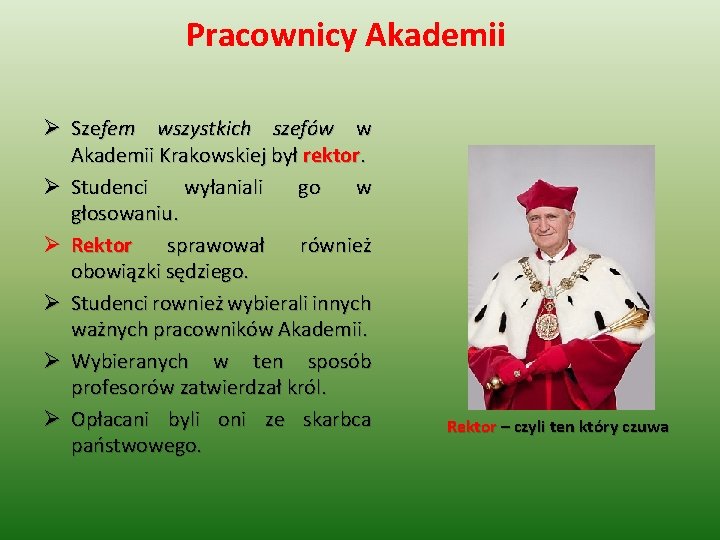 Pracownicy Akademii Ø Szefem wszystkich szefów w Akademii Krakowskiej był rektor. Ø Studenci wyłaniali