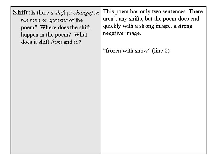 Shift: Is there a shift (a change) in This poem has only two sentences.