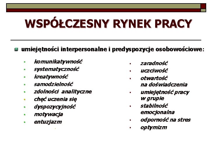 WSPÓŁCZESNY RYNEK PRACY umiejętności interpersonalne i predyspozycje osobowościowe : § § § § §