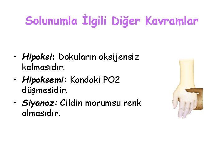 Solunumla İlgili Diğer Kavramlar • Hipoksi: Dokuların oksijensiz kalmasıdır. • Hipoksemi: Kandaki PO 2