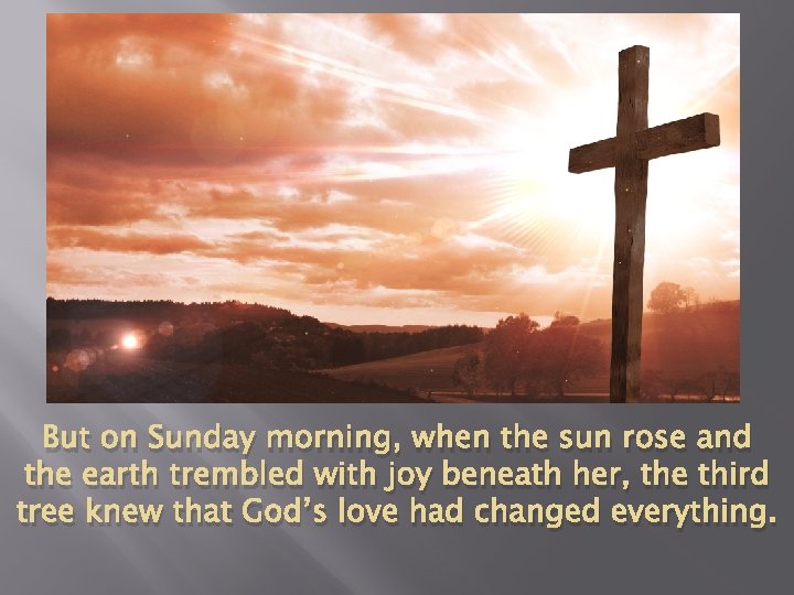 But on Sunday morning, when the sun rose and the earth trembled with joy But on Sunday morning, when the sun rose and the earth trembled with joy