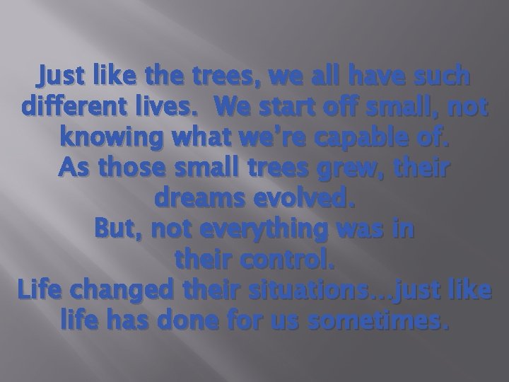 Just like the trees, we all have such different lives. We start off small,