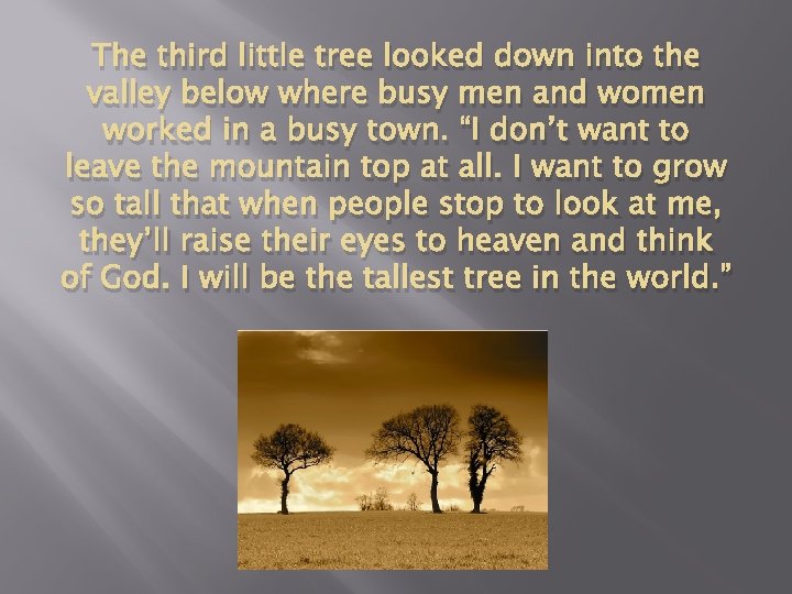 The third little tree looked down into the valley below where busy men and