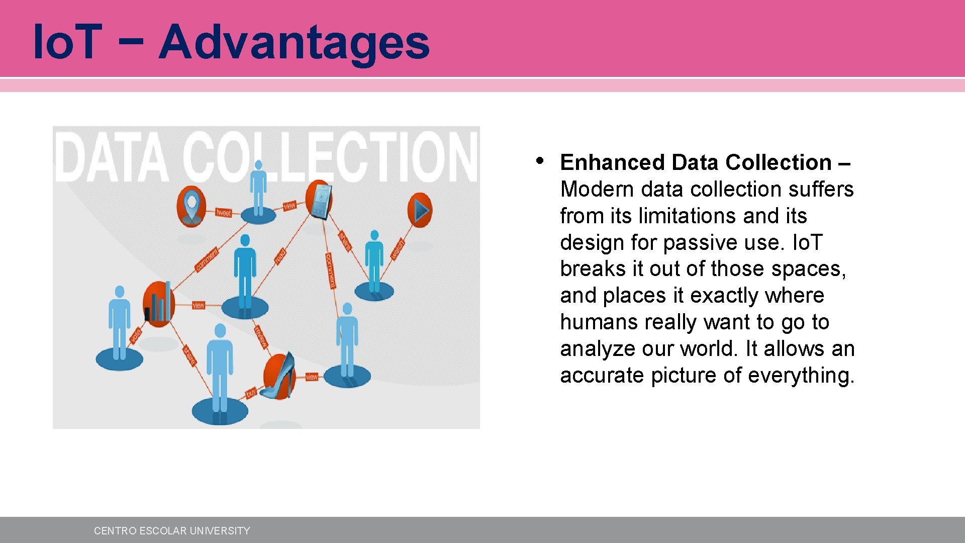 Io. T − Advantages • CENTRO ESCOLAR UNIVERSITY Enhanced Data Collection – Modern data Io. T − Advantages • CENTRO ESCOLAR UNIVERSITY Enhanced Data Collection – Modern data