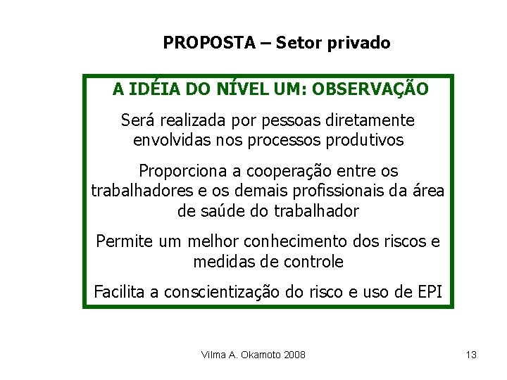 PROPOSTA – Setor privado A IDÉIA DO NÍVEL UM: OBSERVAÇÃO Será realizada por pessoas