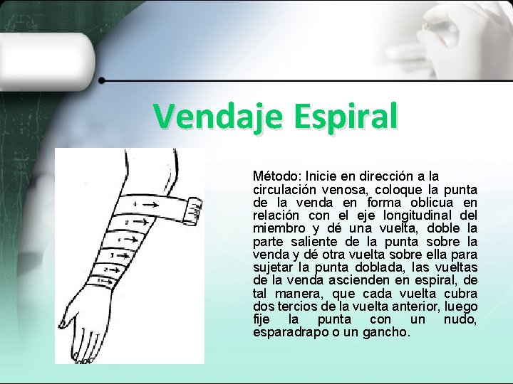 Vendaje Espiral Método: Inicie en dirección a la circulación venosa, coloque la punta de