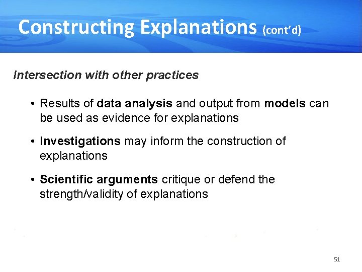 Constructing Explanations (cont’d) Intersection with other practices • Results of data analysis and output